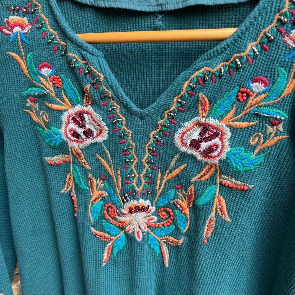 Soft Surroundings Teal Embroidered Floral Blouse - Picture 2 of 5